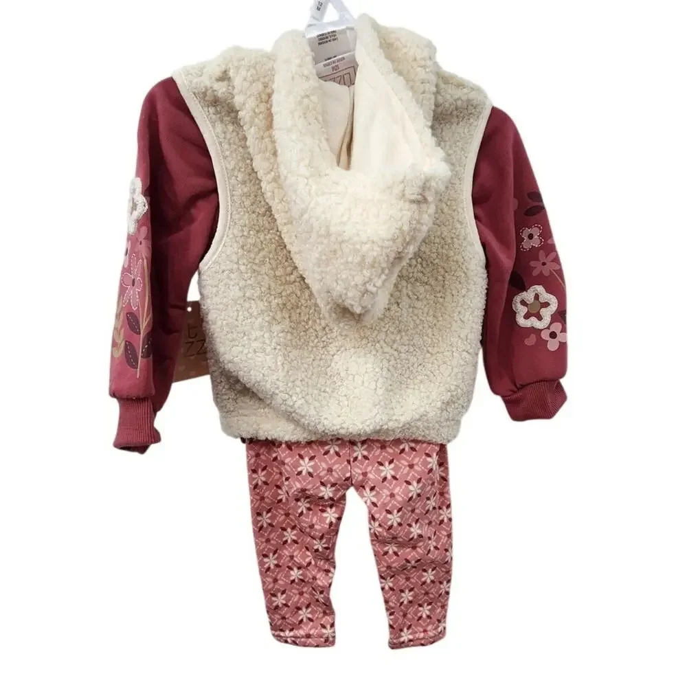 -New NWT Girls 3- Piece Outfit Set‎ size 12 Monthe Pink Warm White Vest